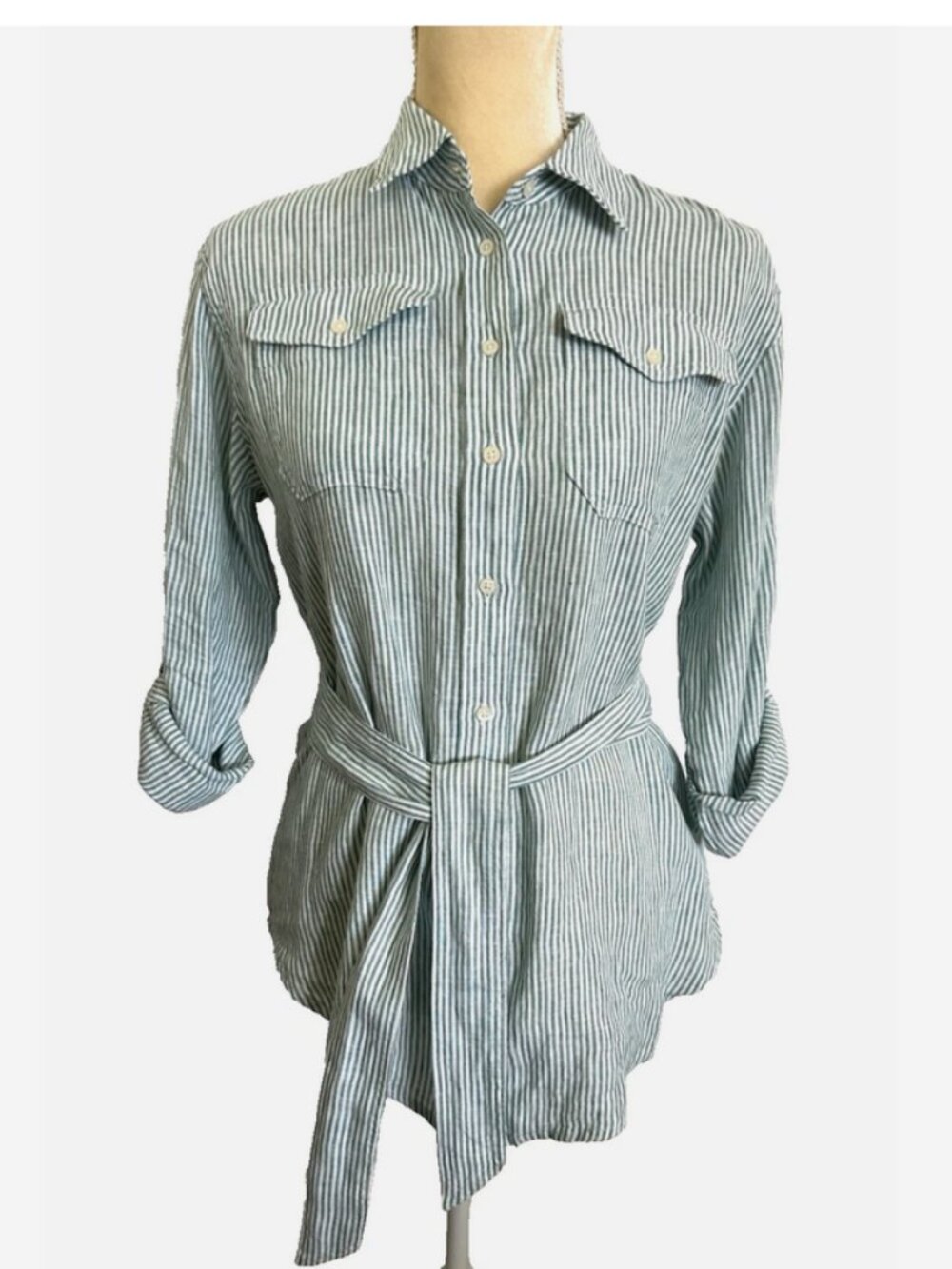 RALPH LAUREN Black Label Linen Tunic Top Belt PS Petite Small Green Stripe